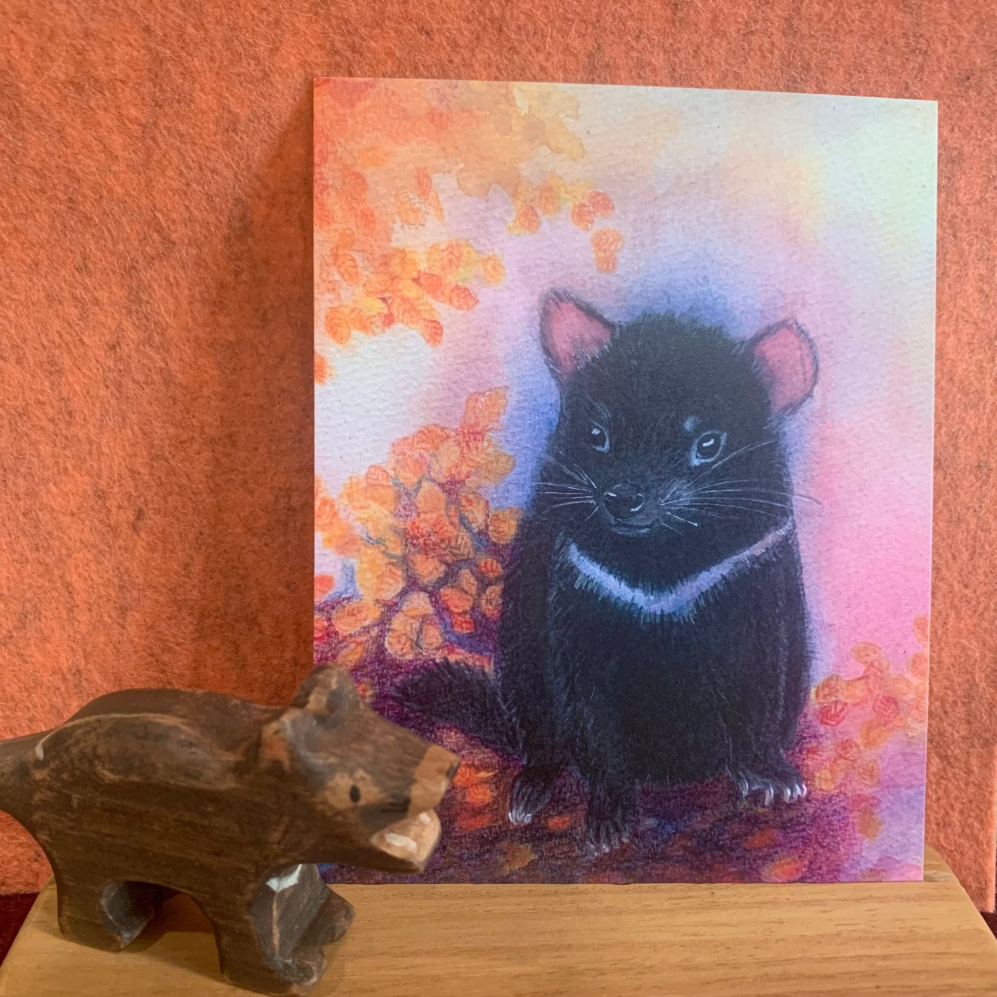 Tasmanian Devil in the Autumnal Fagus (Fagus is Australia's only deciduous tree), also pictured is a Tassie devil figurine by Bloom Wildly (sold separately)