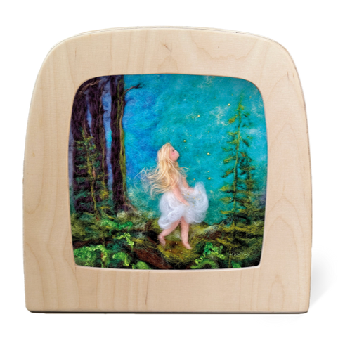 The star girl catches falling stars in her apron that turn into to golden coins as they land