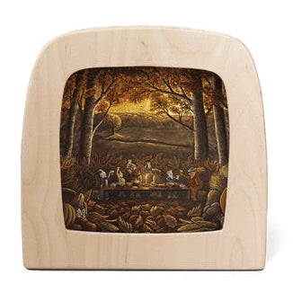Wooden Toverlux picture frame with a chalkboard artists scene of Dwarves seated at a dinner table in the forest