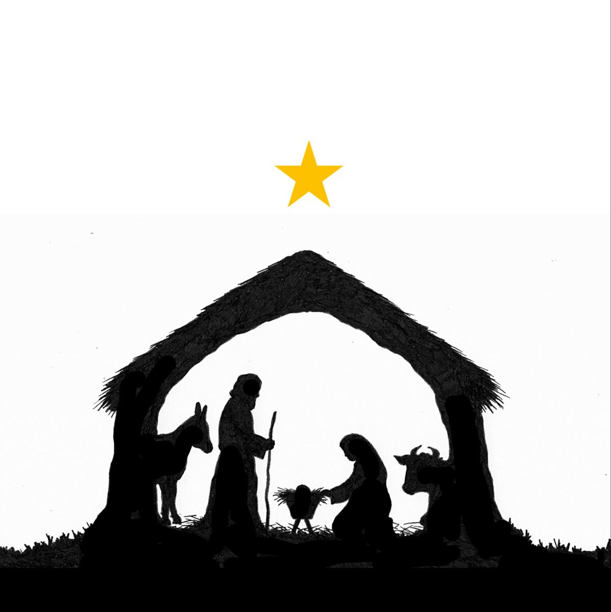 Silhouette of a nativity scene with a star above, on a white background.