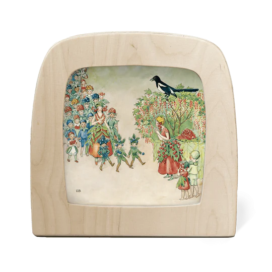 An Autumnal procession of berry fairy folk overseen by a magpie perched on a tree branch