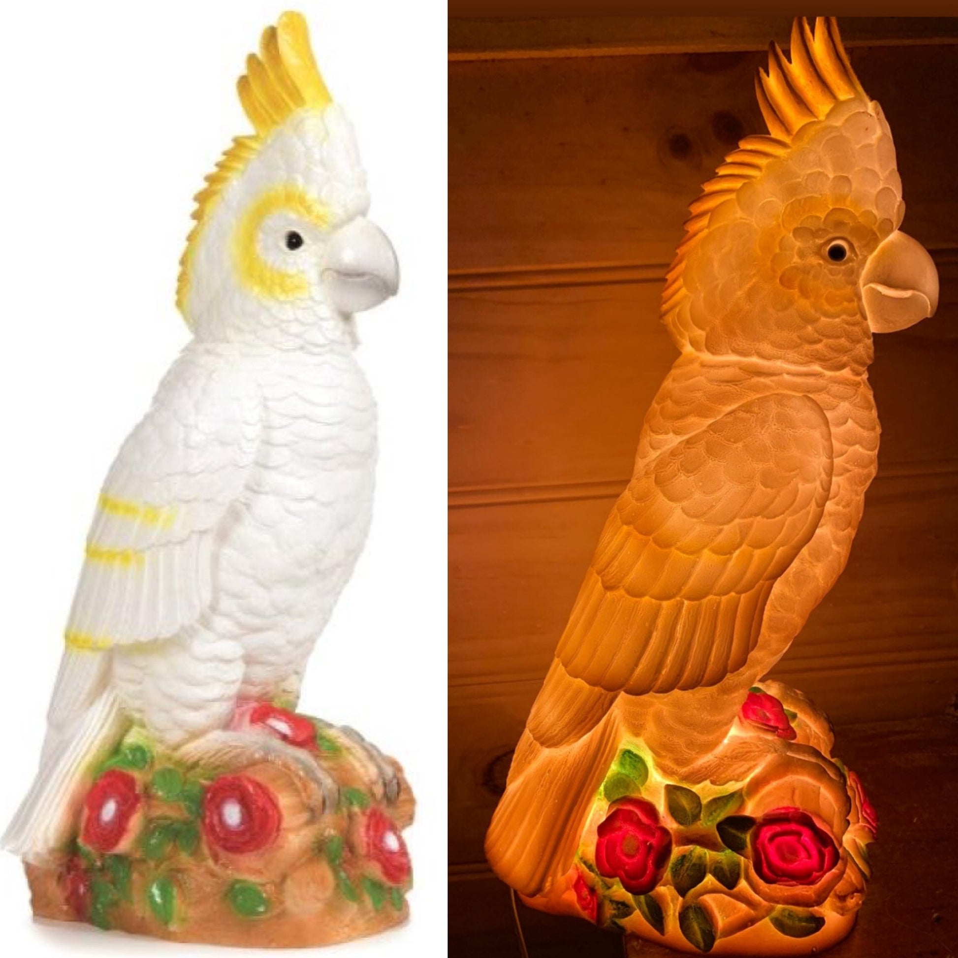 a view of the white cockatoo lamp and a iew of the lamp lit up at night