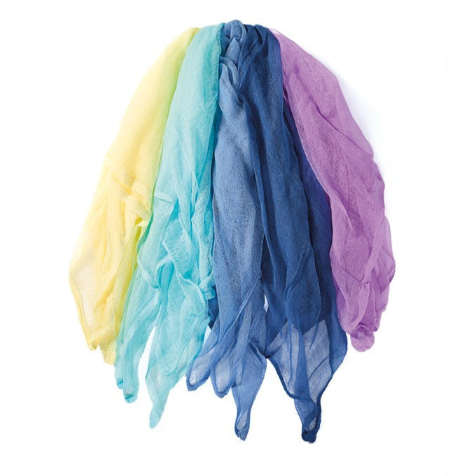 Set of five Winter shades of colorful scarves in soft white, blues, and lilac on a white background