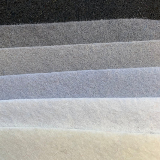 six shades of 100% pure wool felt from black, through greys and whites