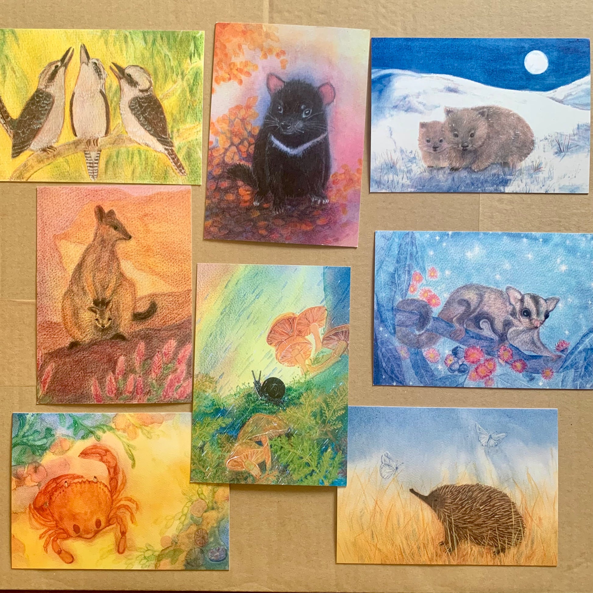 eight post cards depicting Australian fauna by Steiner artist Bronte