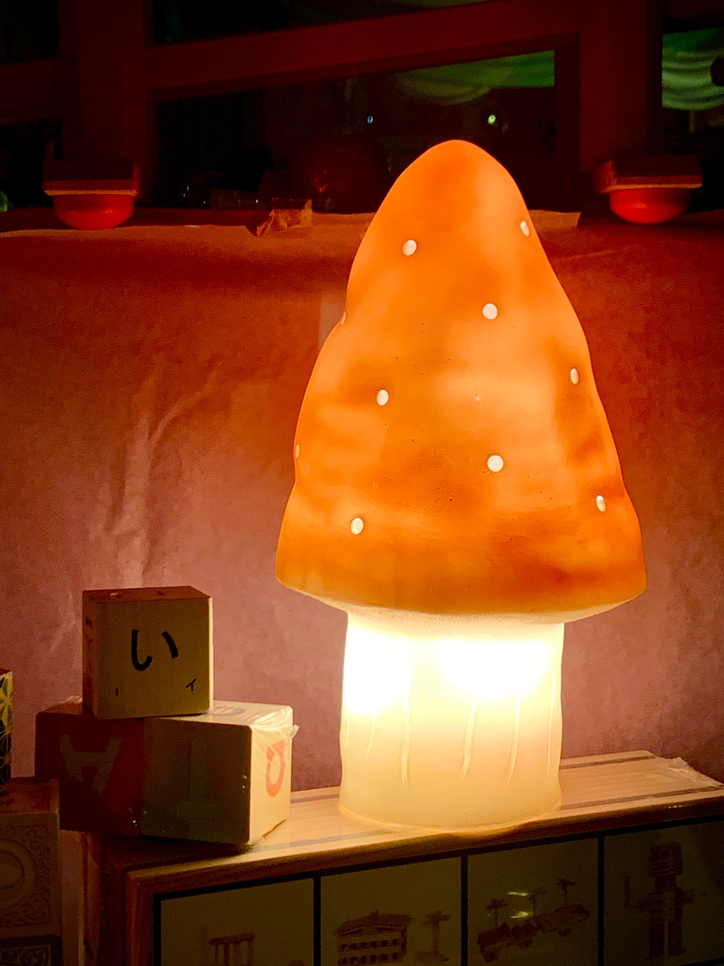 terracotta small mushroom lamp lit up