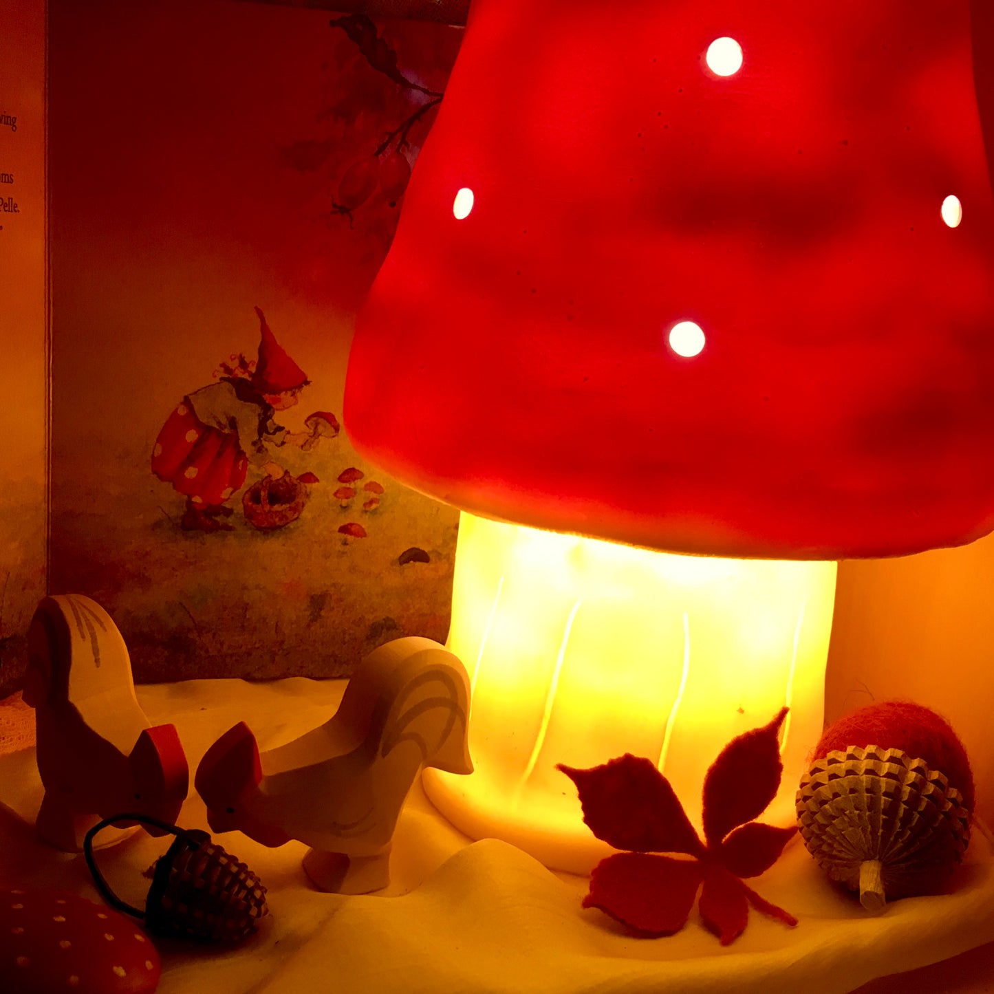 red small mushroom lamp lit up