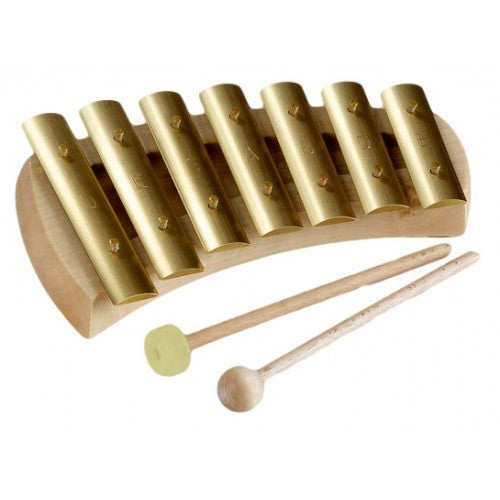  xylophone with brass keys and two mallets on a white background