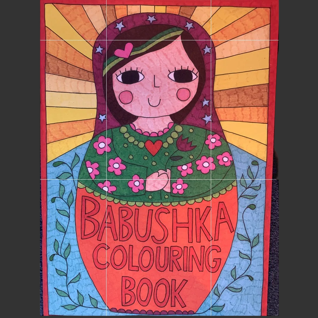 Cover of a Babushka Colouring Book with colorful design and text.