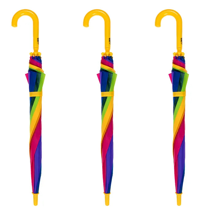 Three colourful child size rainbow umbrellas with yellow handles on a white background