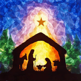 Silhouette of a nativity scene with a star in the sky, surrounded by a mosaic of coloured tissue paper