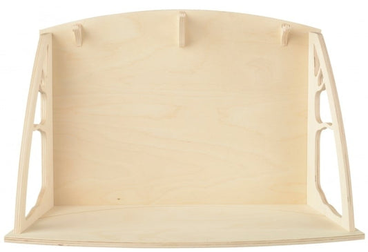 wooden display stand with cutout decorative tree sides and hooks for securing decorations. 