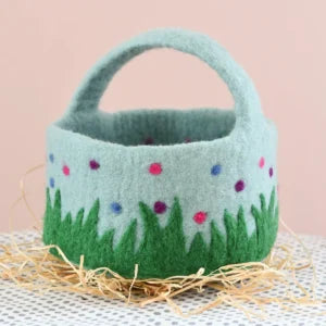 Tara's Easter basket in pretty blue felt with pretty needle felted decorations 