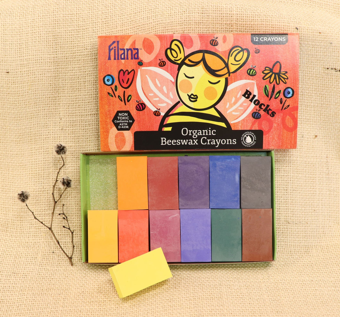 Filana Organic Beeswax Crayons, Blocks 12 with Brown & Black