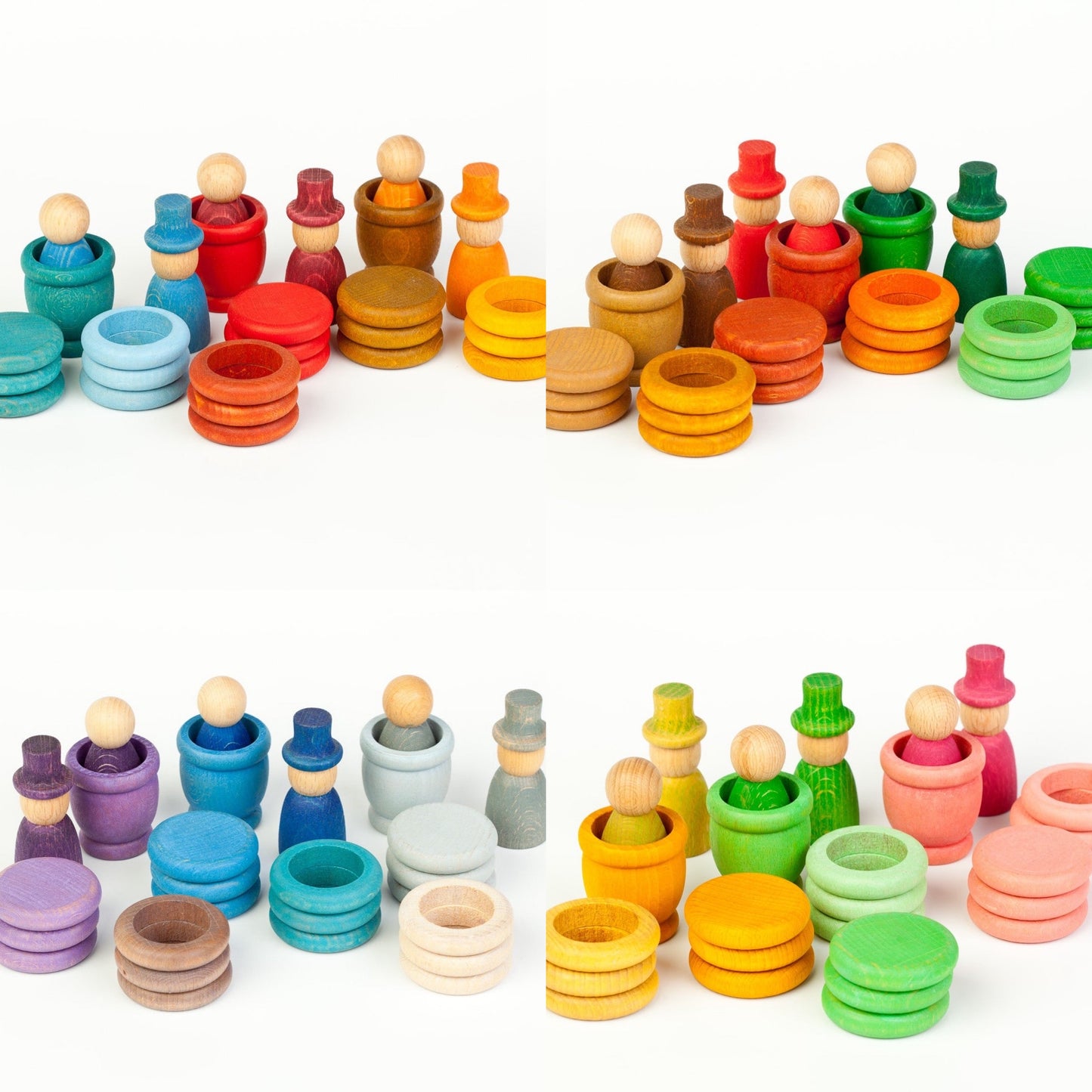 Four colourful wooden small parts play sets arranged seasonal colour assortments on a white background