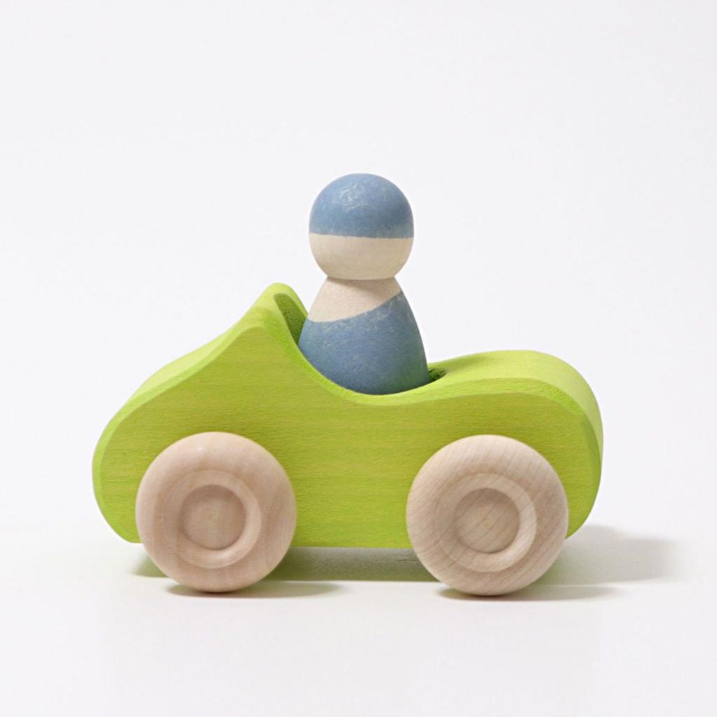 Grimms green wooden converitble car with blue person