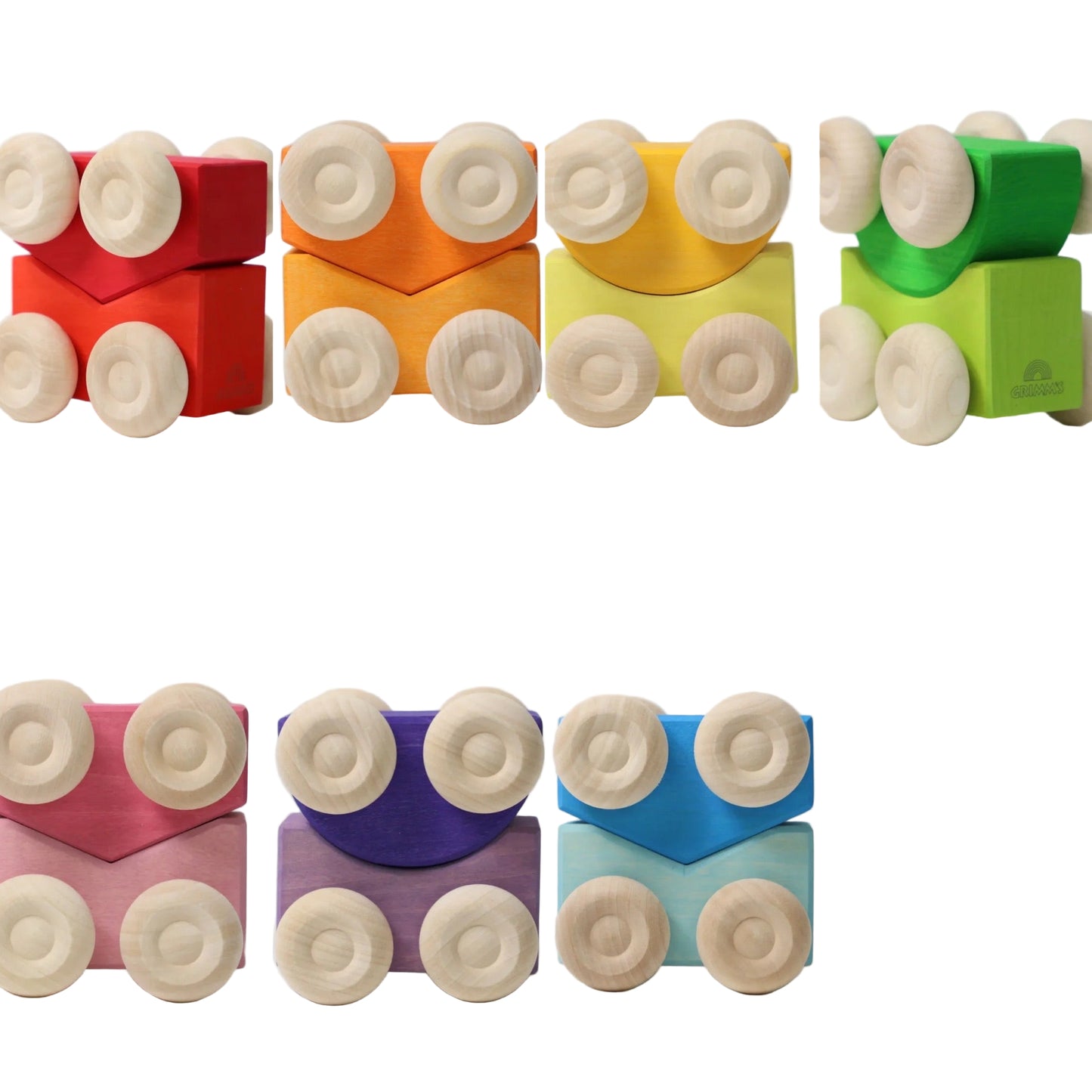 Seven pairs of colourful toy cars with wheels on a white background