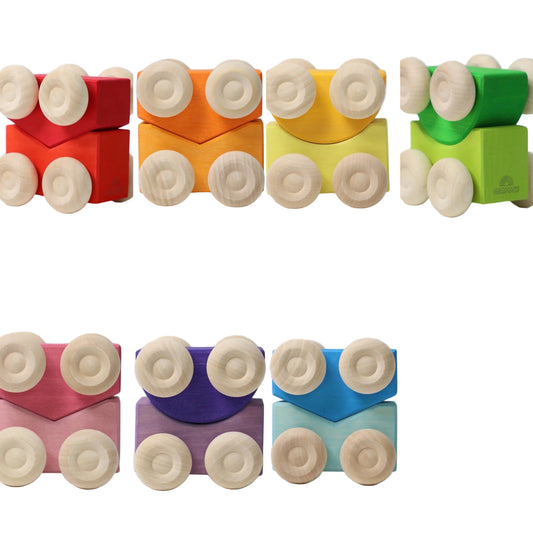 Seven pairs of colourful toy cars with wheels on a white background