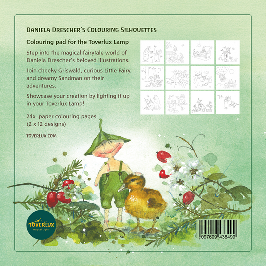 Colouring pad with 24 sheets of Griswald the Gnome to make DIY screens for Toverlux lamp[