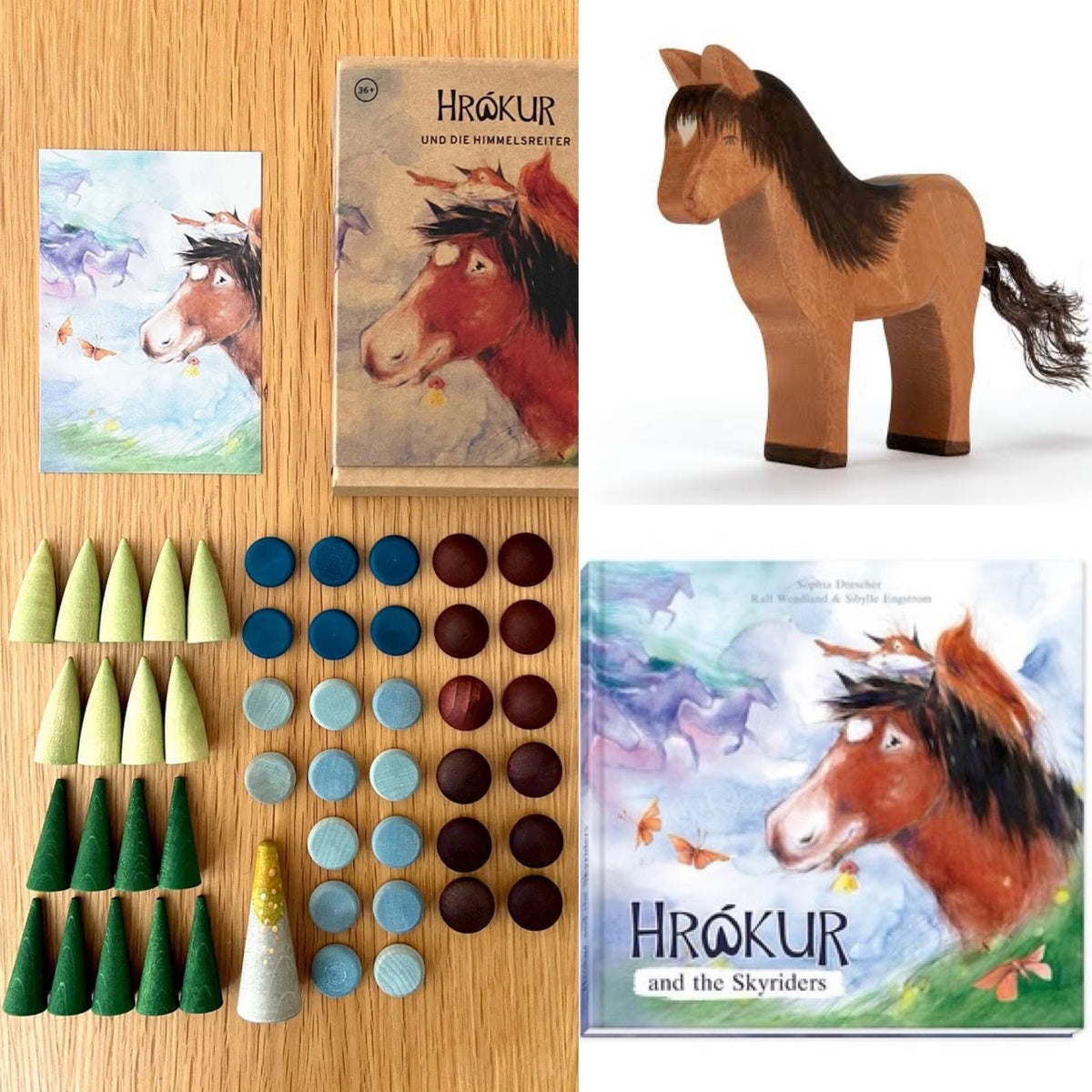 A children's book set titled "HRÖKUR and the Skyriders" shown on a wood surface alongside a wooden horse toy, a painted horse illustration card, wooden hand painted landscape play pieces : small round and cone-shaped pieces in green, blue, and pale green.