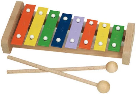 Colorful wooden glockenspiel with mallets on a white background