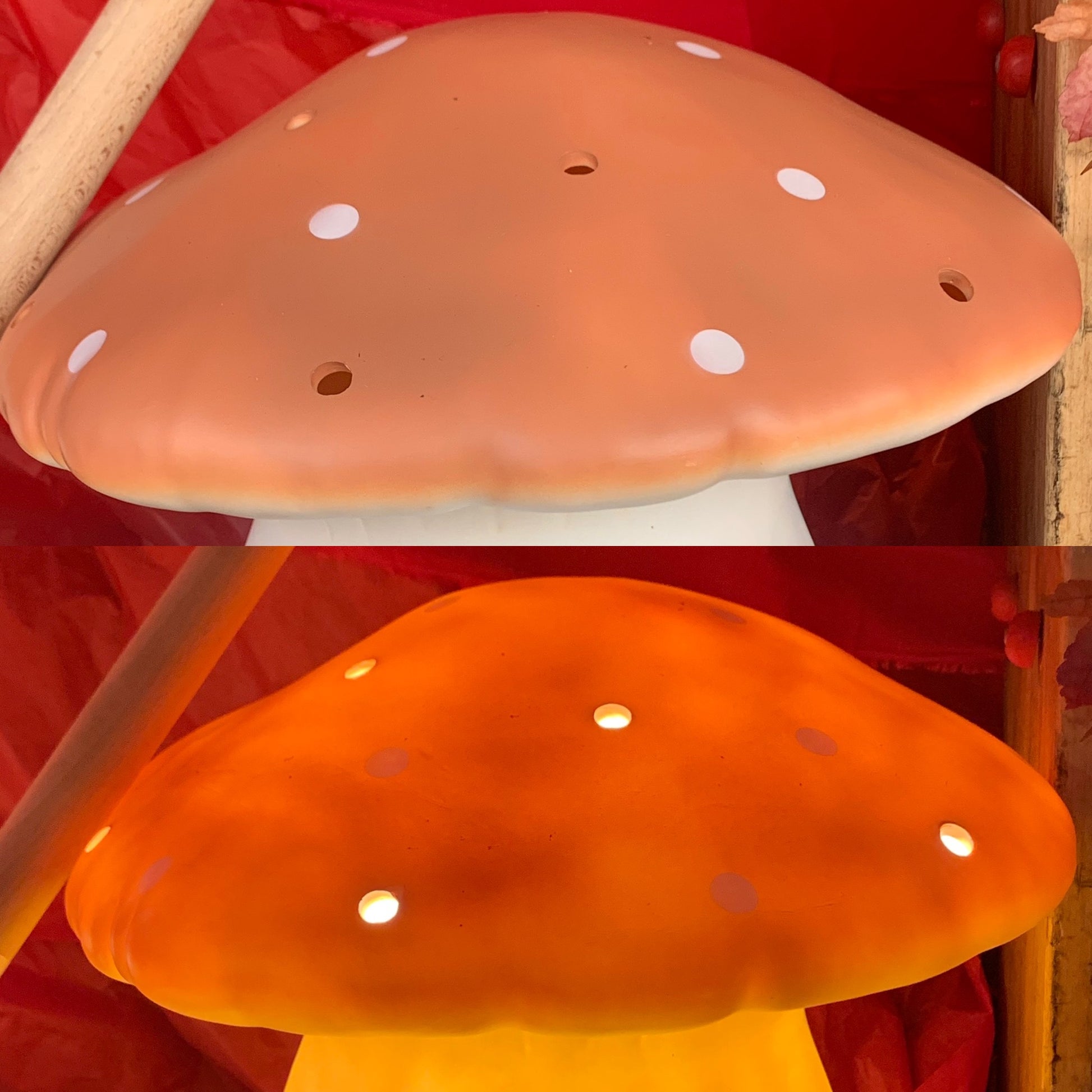 Two mushroom-shaped lamps with white spots on a red background