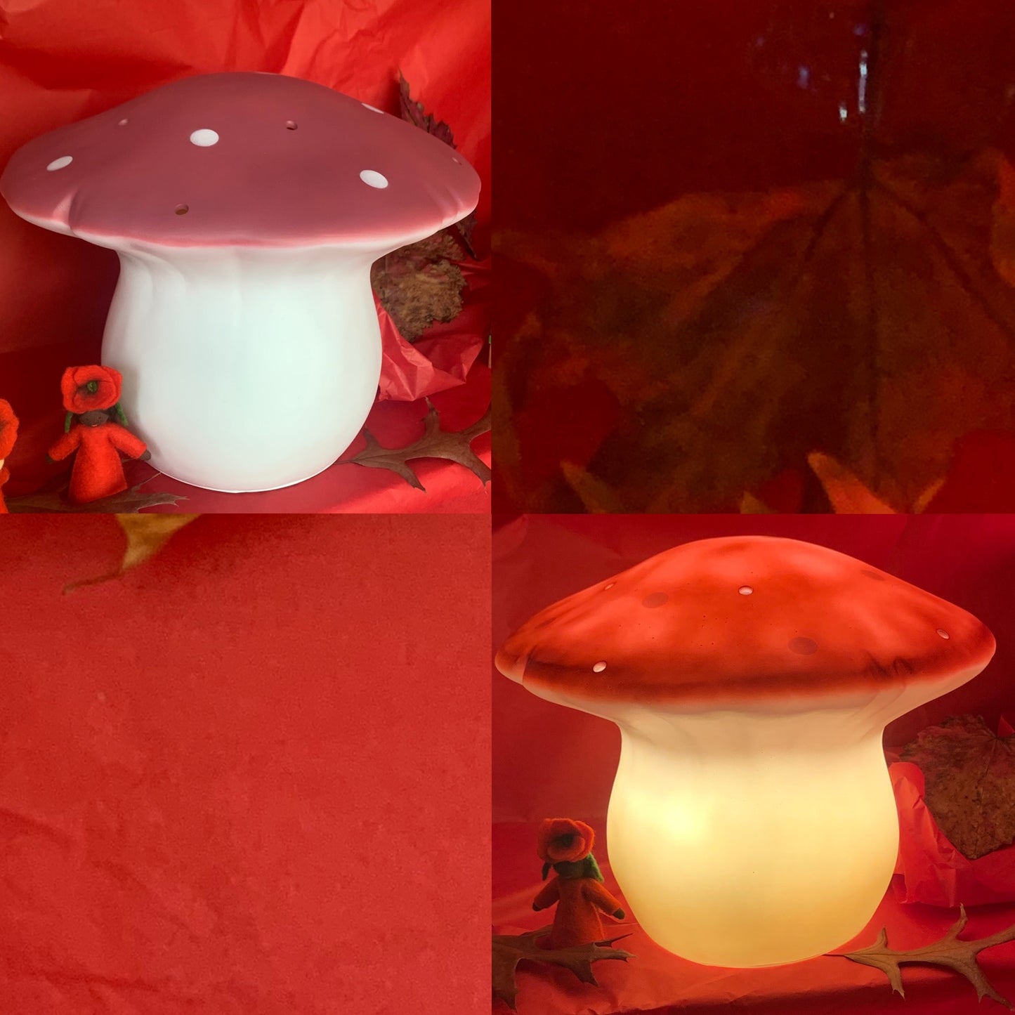 Mushroom-shaped lamp with red cap and white stem on a red fabric background