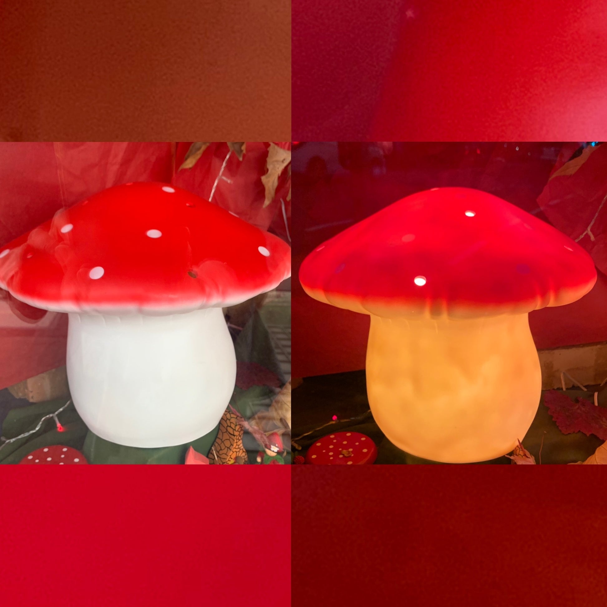 Red mushroom-shaped lamp with white spots on a red background