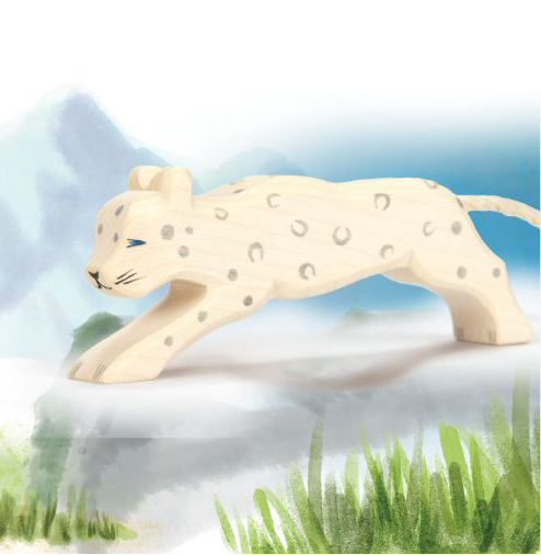 Wooden snow leopard figure with rope tail on watercolour background