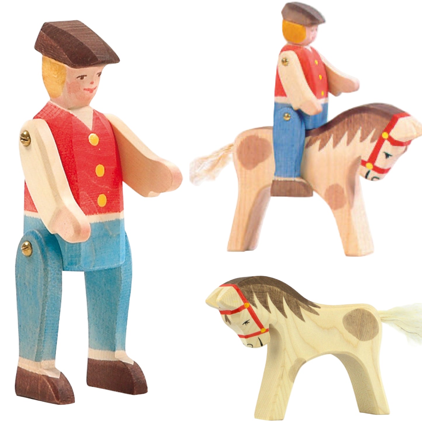 Wooden toy figures of a rider and horse on a white background