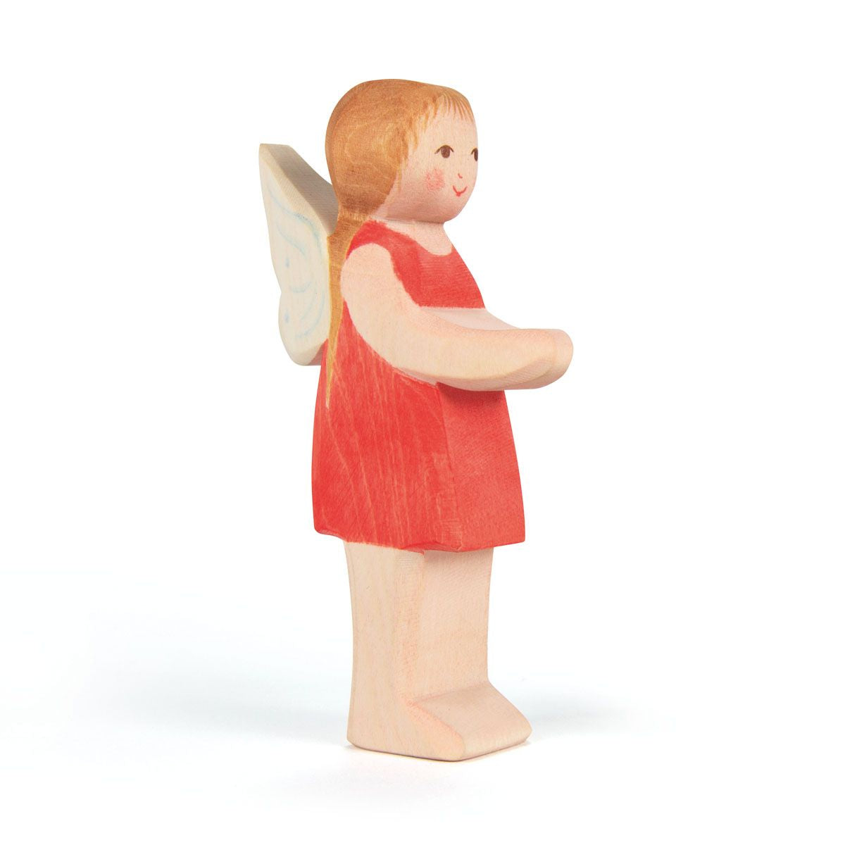 wooden toy fairy figure, red dress with fairy wings.
