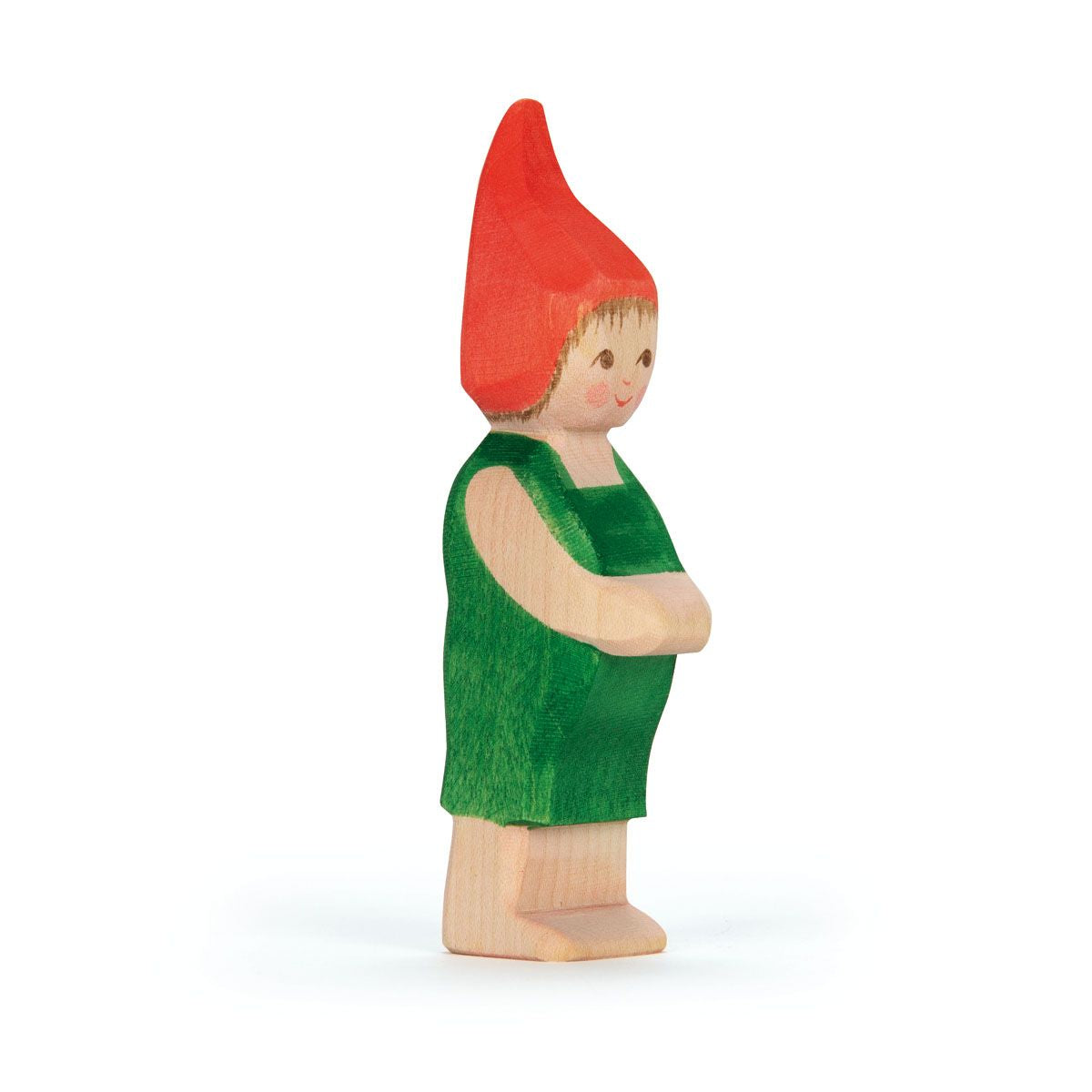 wooden Elf charater by Ostheimer has a red pointy hat anbd green dungerees
