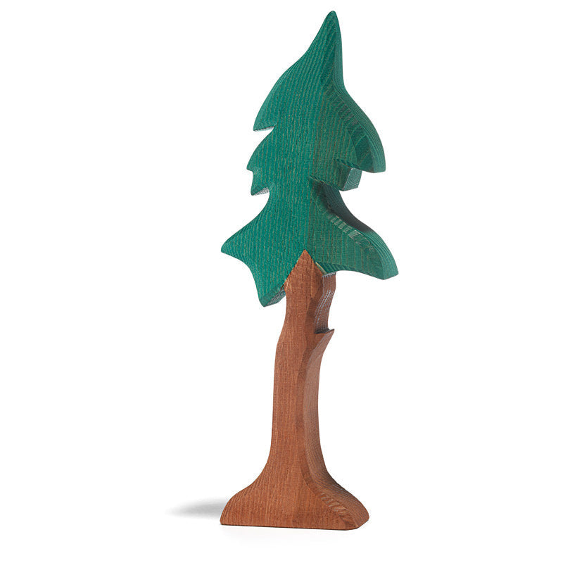 tall wooden fir tree with green canopy and brown trunk 