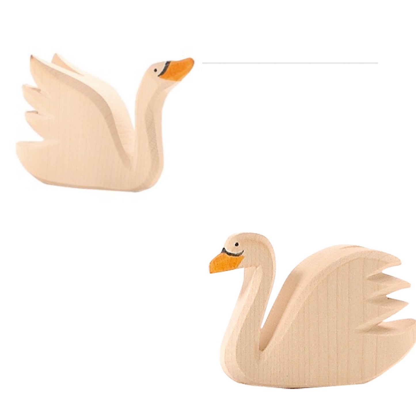 Two wooden toy white swans , one with head raised and one with head straight.