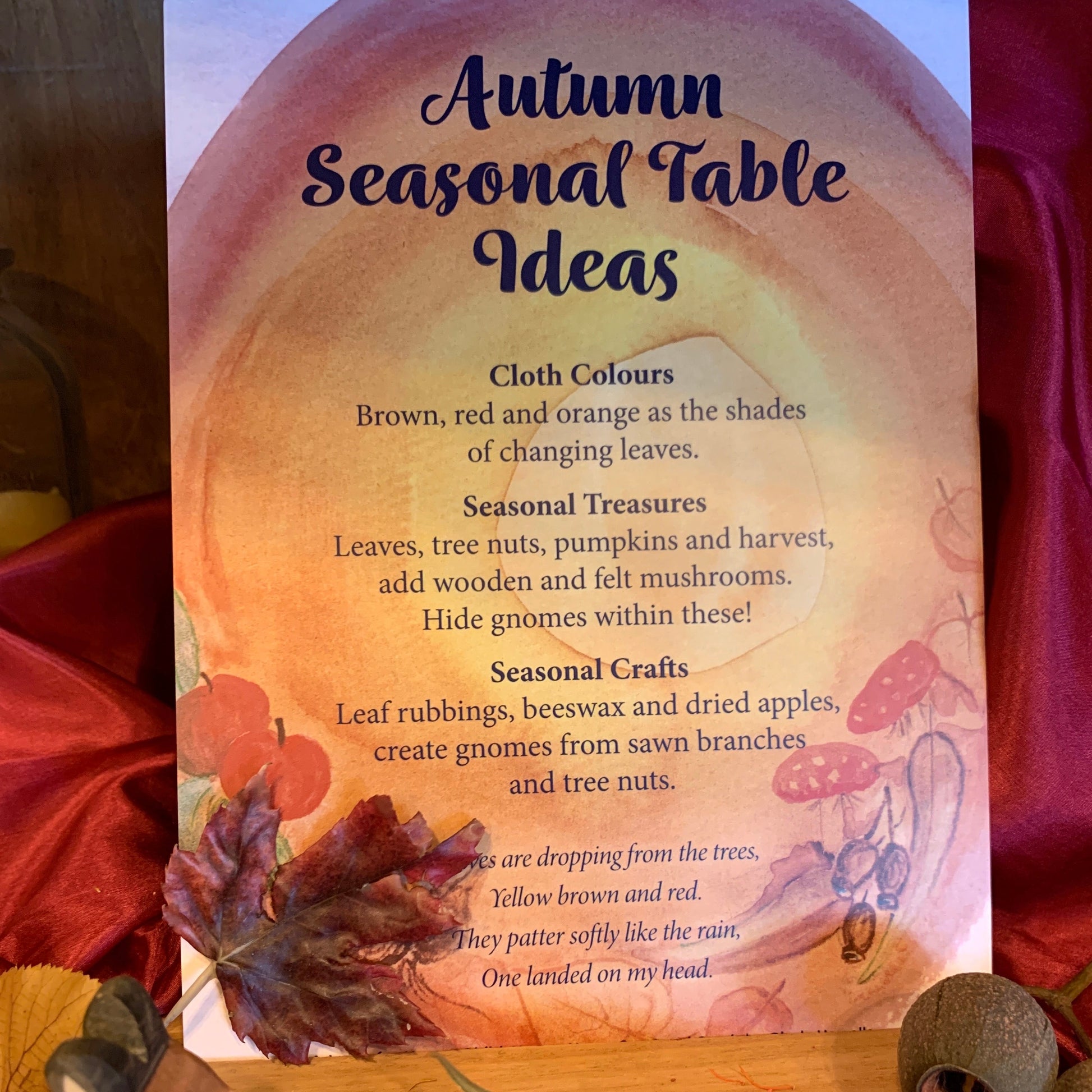 Reverse of Autumn seasonal card with suggestions for seasonal table display 