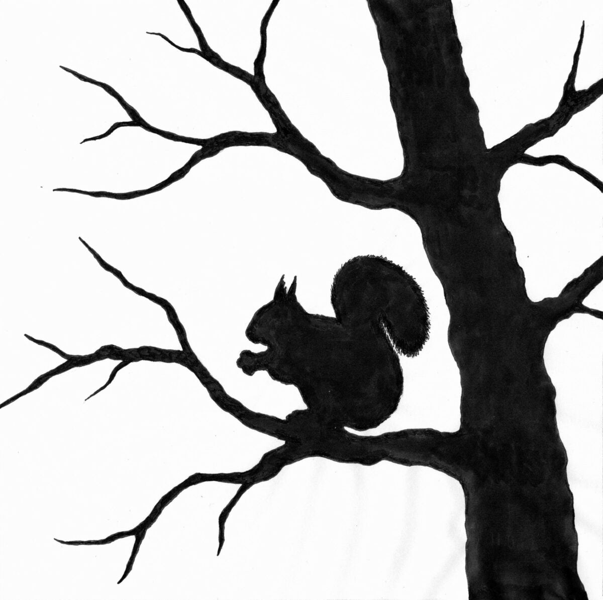 Black silhouette of a squirrel on a tree branch against a white background