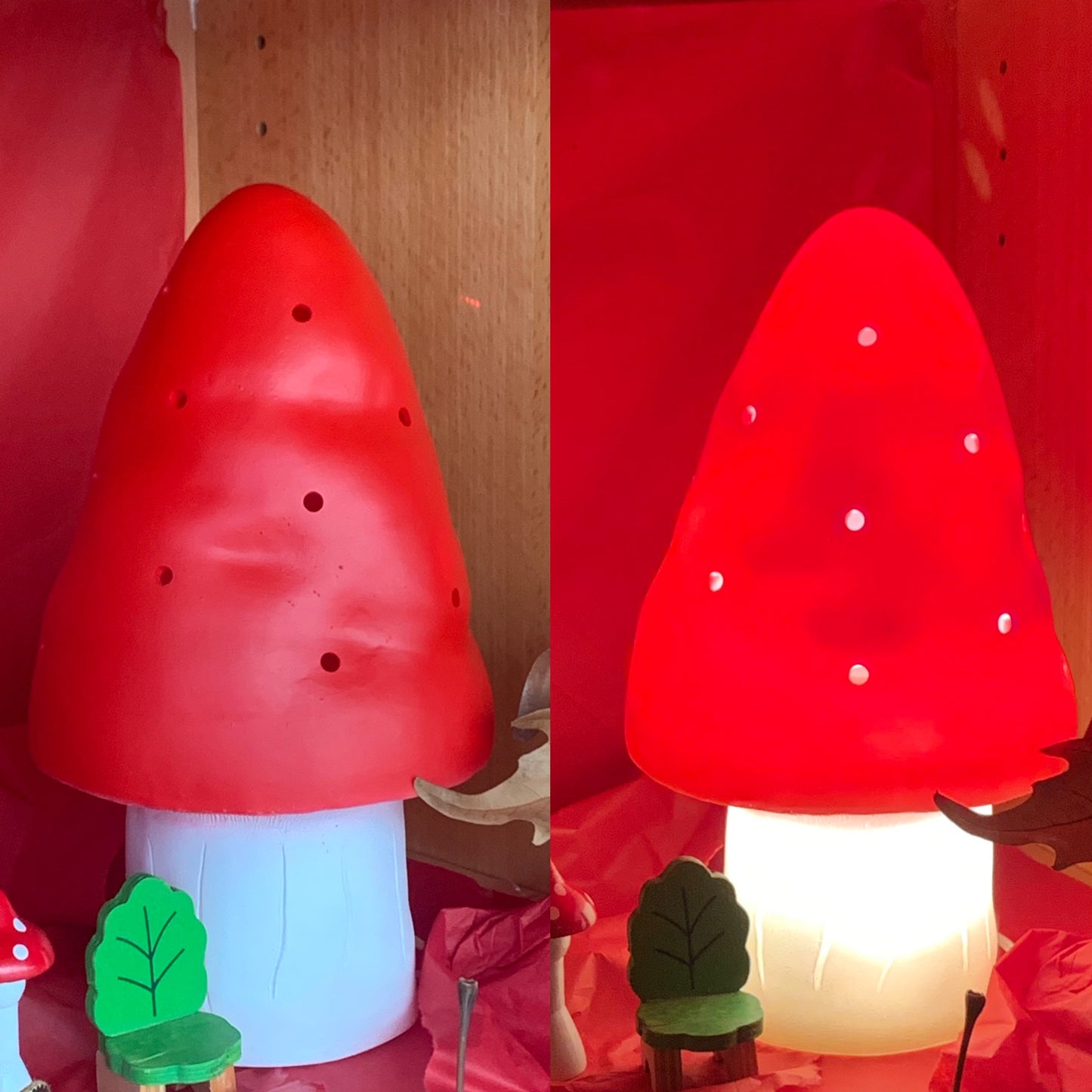 Red mushroom-shaped lamp with a white base on a red background