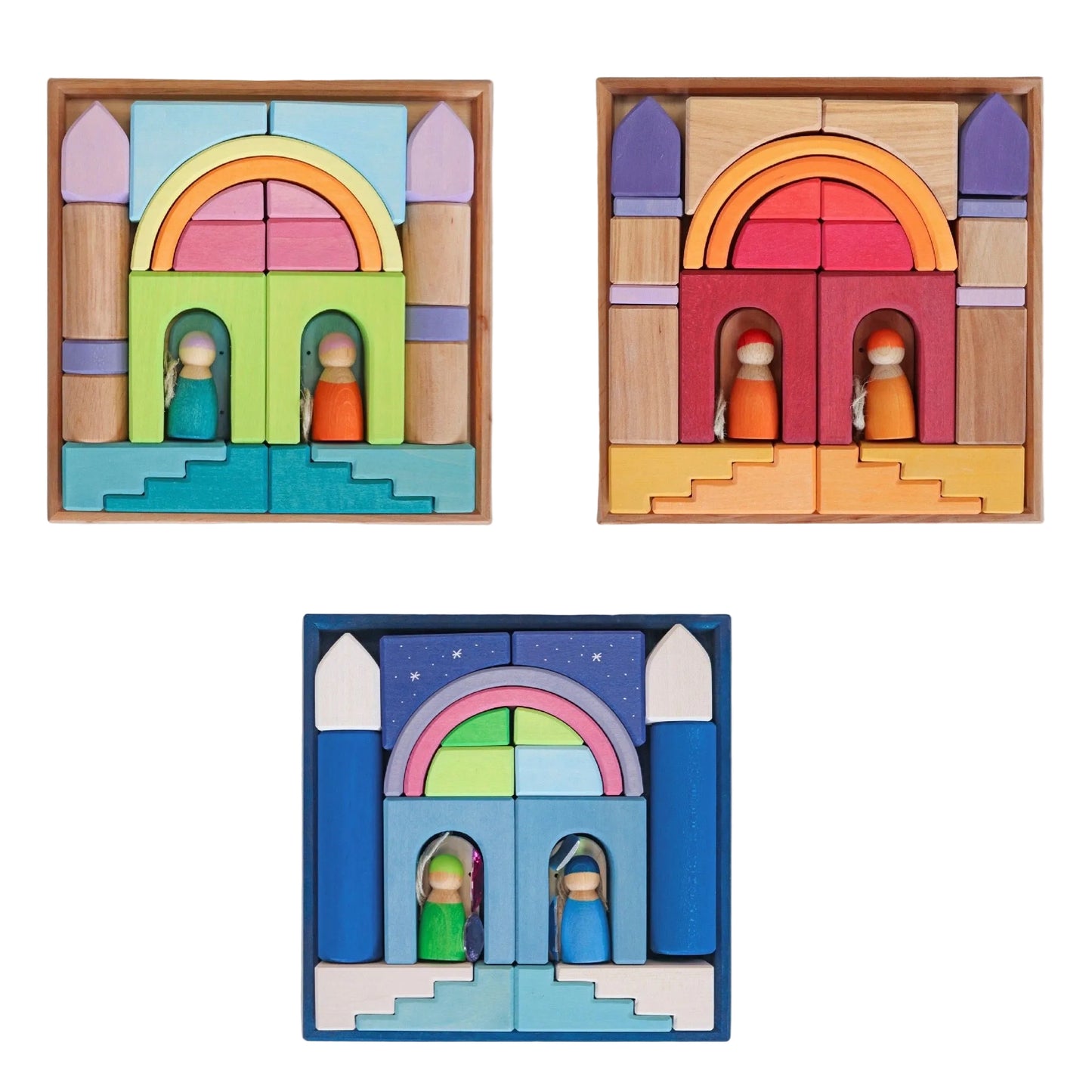 Set of colorful wooden toy blocks to create worlds included by buildings with doors and windows, on a white background