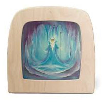 Wooden box with a small window displaying a blue and purple King Winter art design.