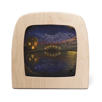 Wooden picture frame with a chalkboard art scene of a bridge over water at night, with little gnomes carrying lanterns in a mid Autumn parade