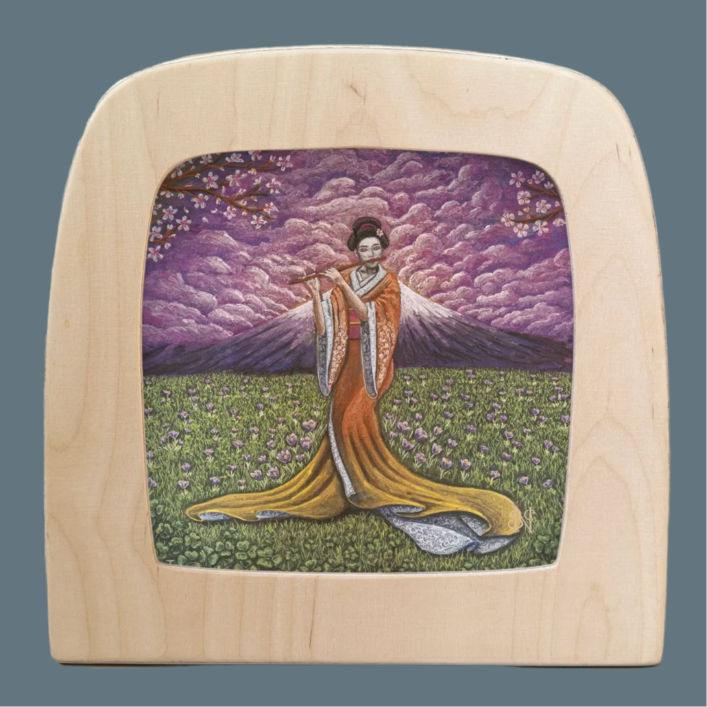 Toverlux wooden frame with Spring Cherry blossom Geisha playing a flute