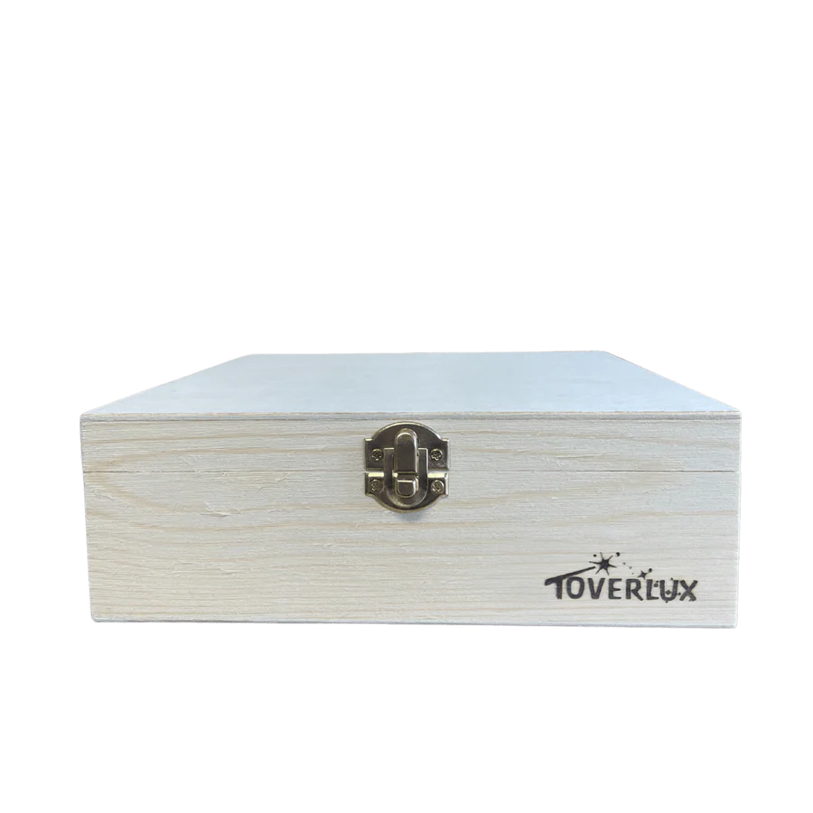 front view of a closed wooden storage box with a clasp and branding on a white background