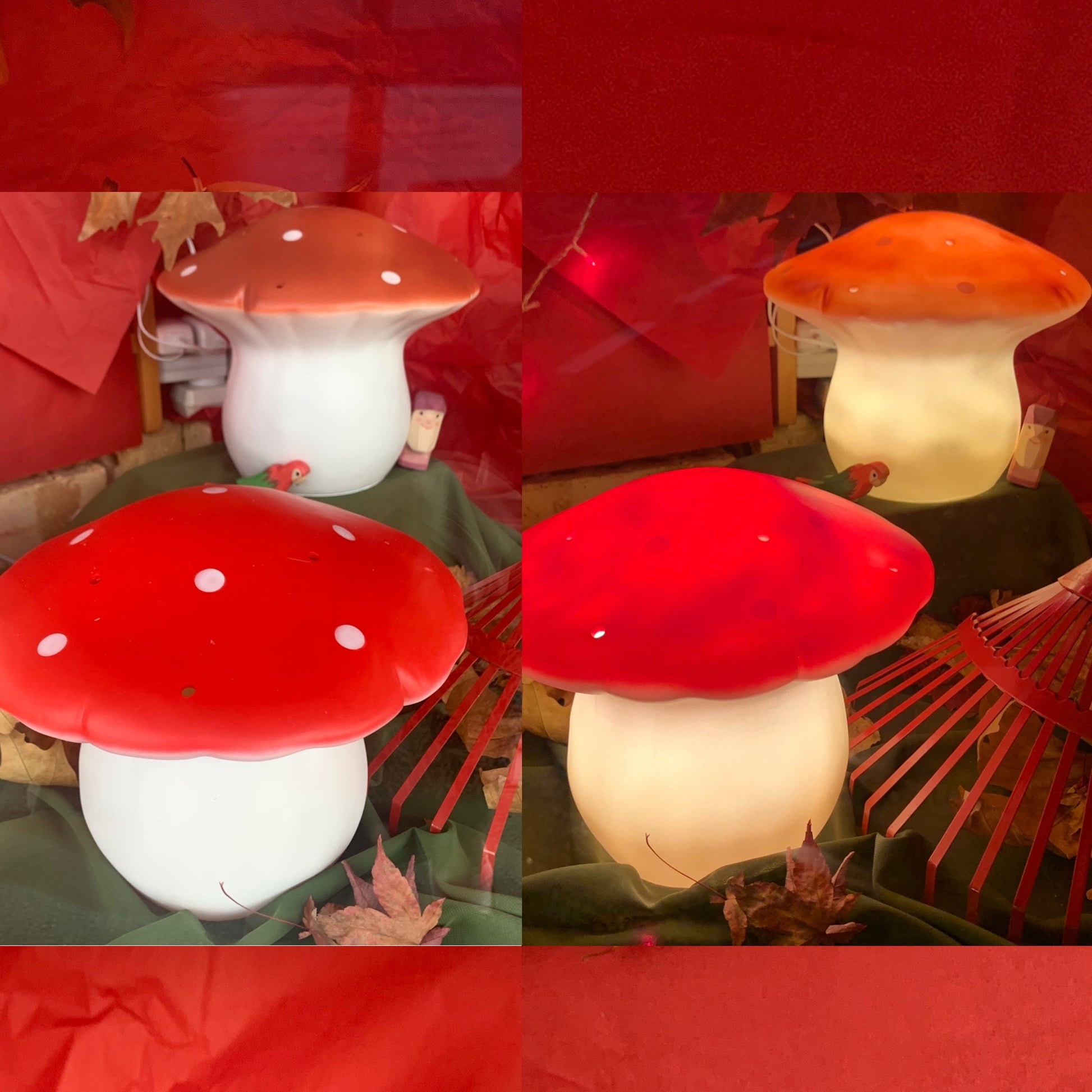 Collage of a red and white two mushroom-shaped lamps on a red background.