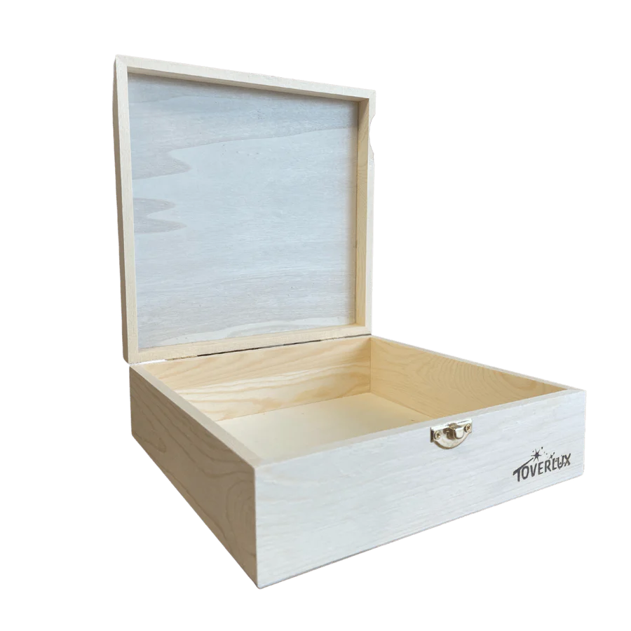 An open wooden storage box with a clear finish, designed to store silhouettes, with a visible brand name on the front.